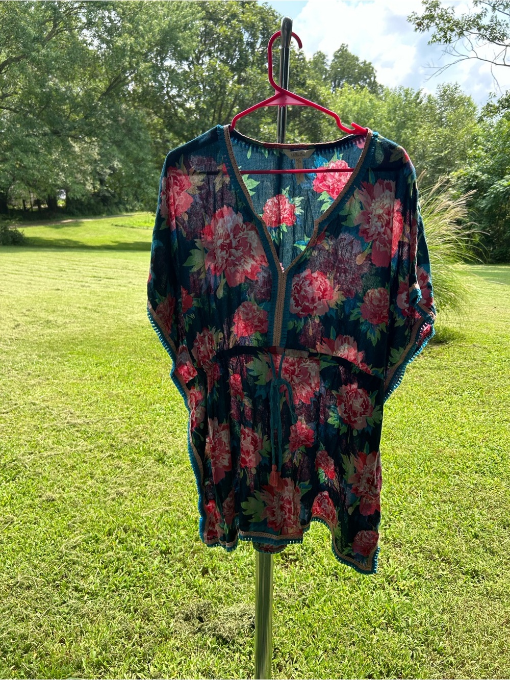 Matilda Jane Teal Sheer Floral Swim Cover-Up with Pink Blooms